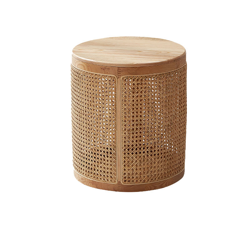 Rattan Solid Wood Round Storage Side Table