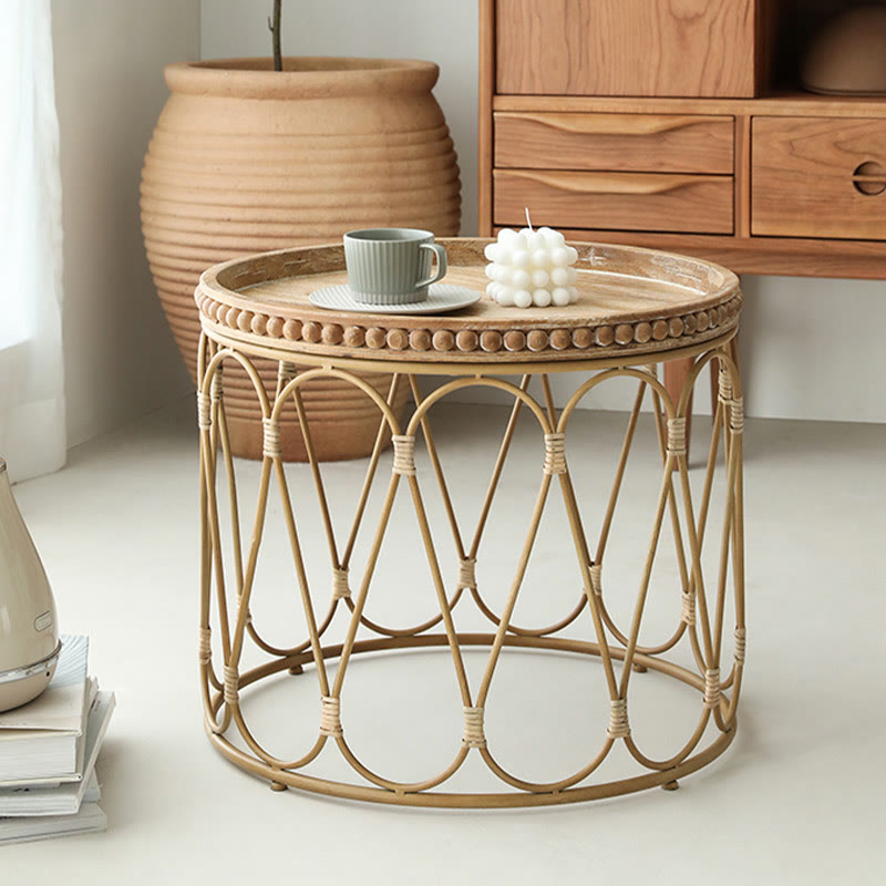 Rattan Modern Natural Wood Color Round Side Table