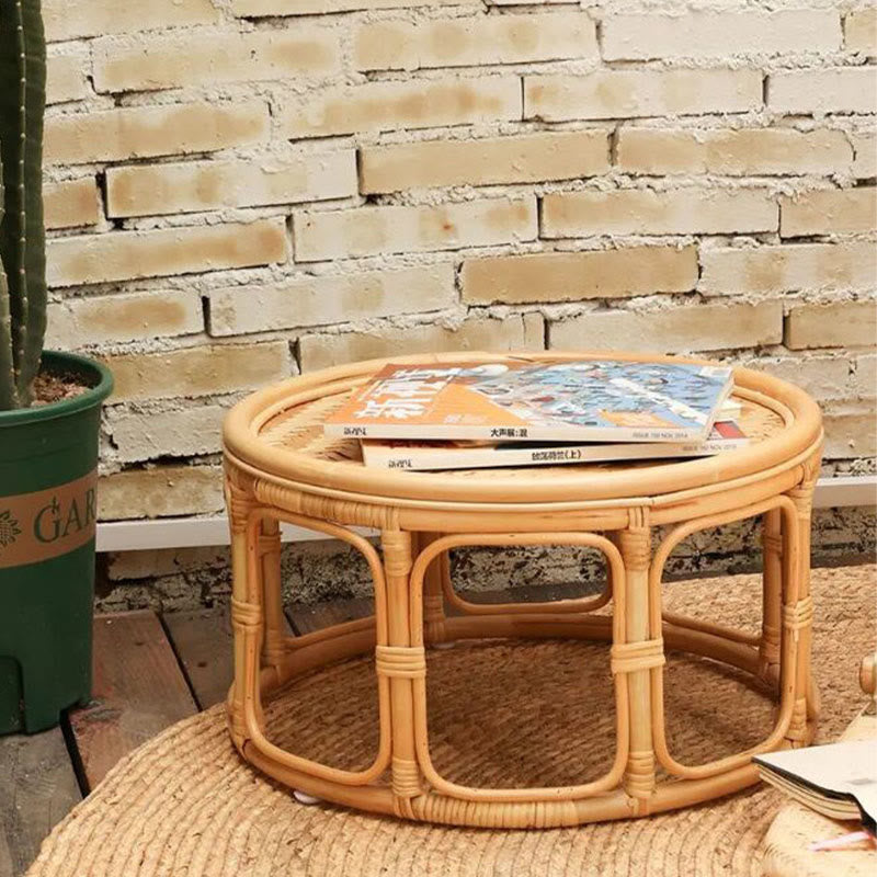 Rattan Bamboo Round Natural Wood Color Side Table