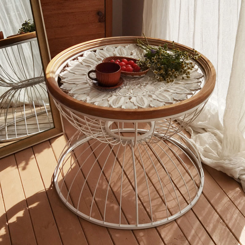 Glass Tabletop Solid Wood Carved Side Table