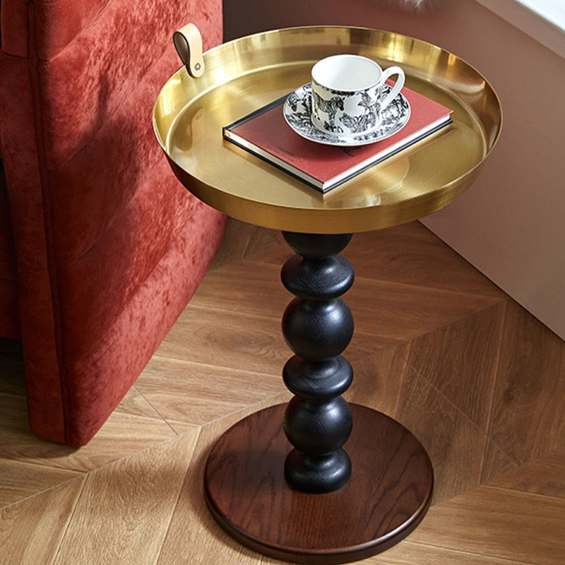 Vintage Oak Side Table with Metal Tray