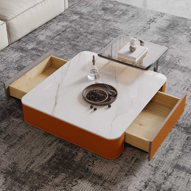 Sintered Stone Tabletop Saddle Leather Coffee Table