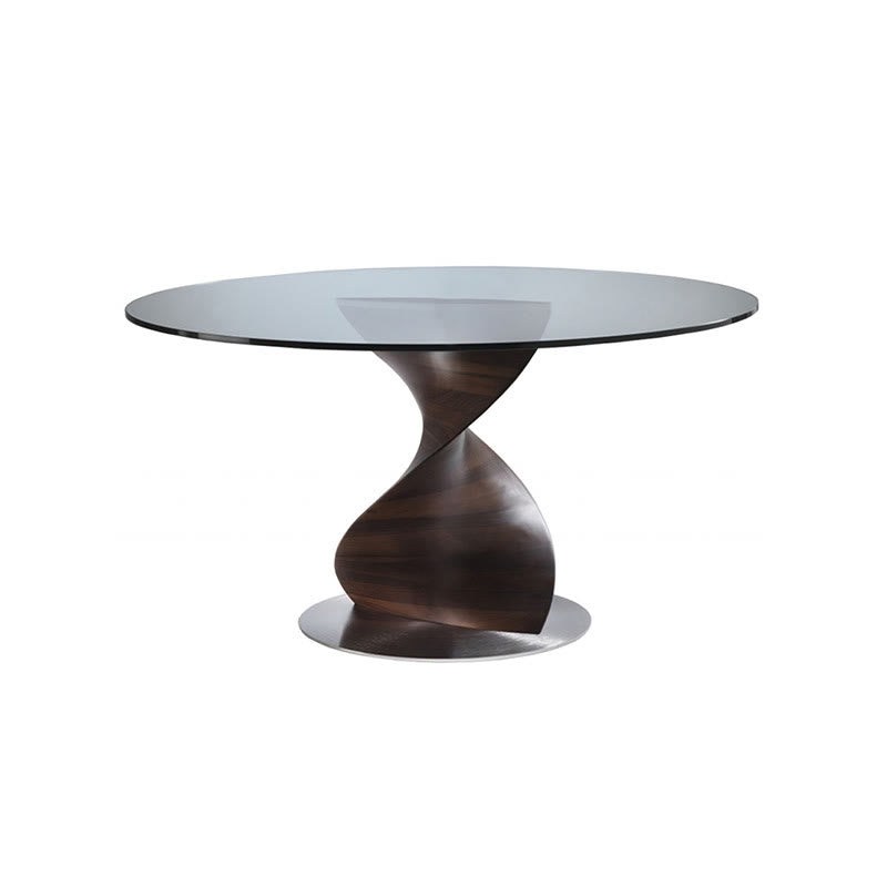 Modern Walnut Tempered Glass Round Dining Table