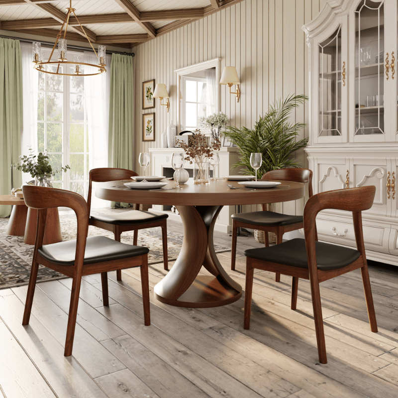 Solid Wood Round Mid-century Walnut Kitchen Room Dining Table Wood Chairs Set For 2/4/6