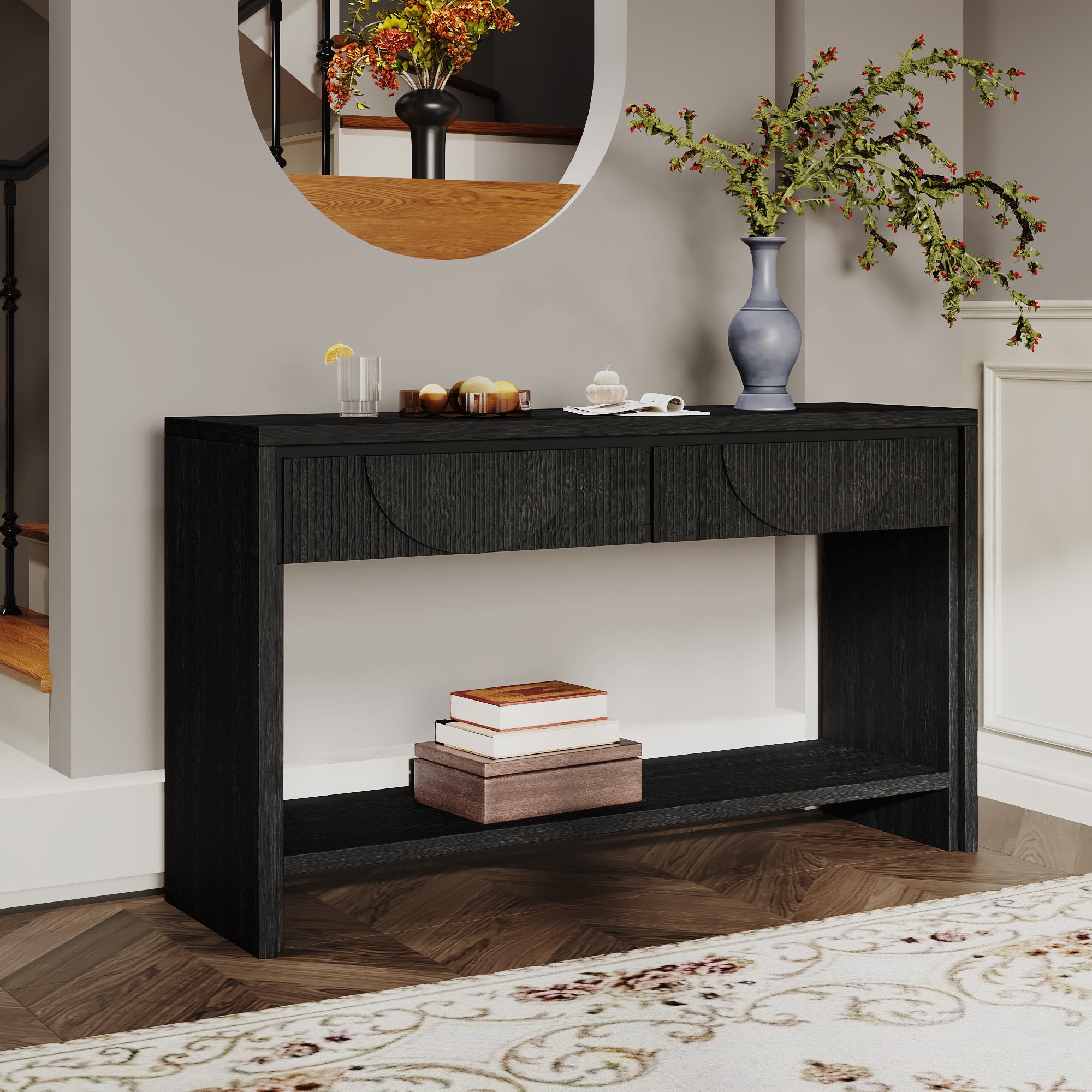 55.12  Wood Distressed Pattern Console Table Sofa Table With 2 Drawers