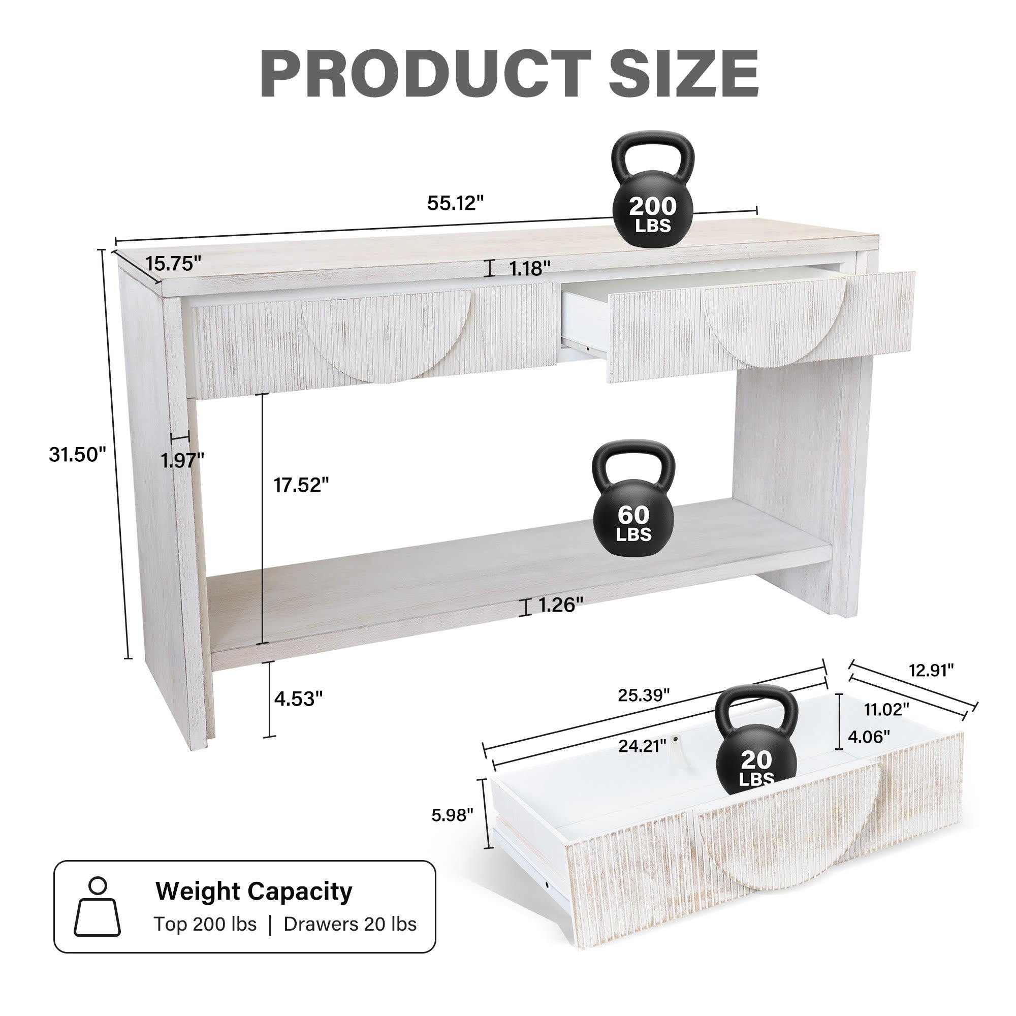 55.12  Wood Distressed Pattern Console Table Sofa Table With 2 Drawers