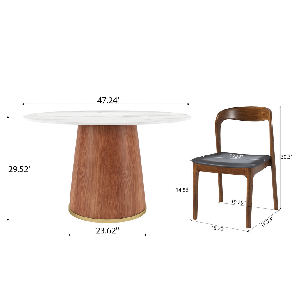 5-piece Cylindrical Base Round Dining Table With Modern Leather Dining Chairs