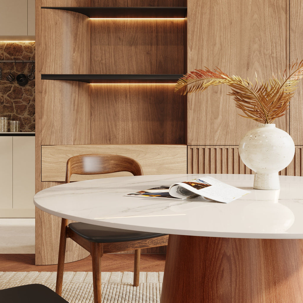 5-piece Cylindrical Base Round Dining Table With Modern Leather Dining Chairs