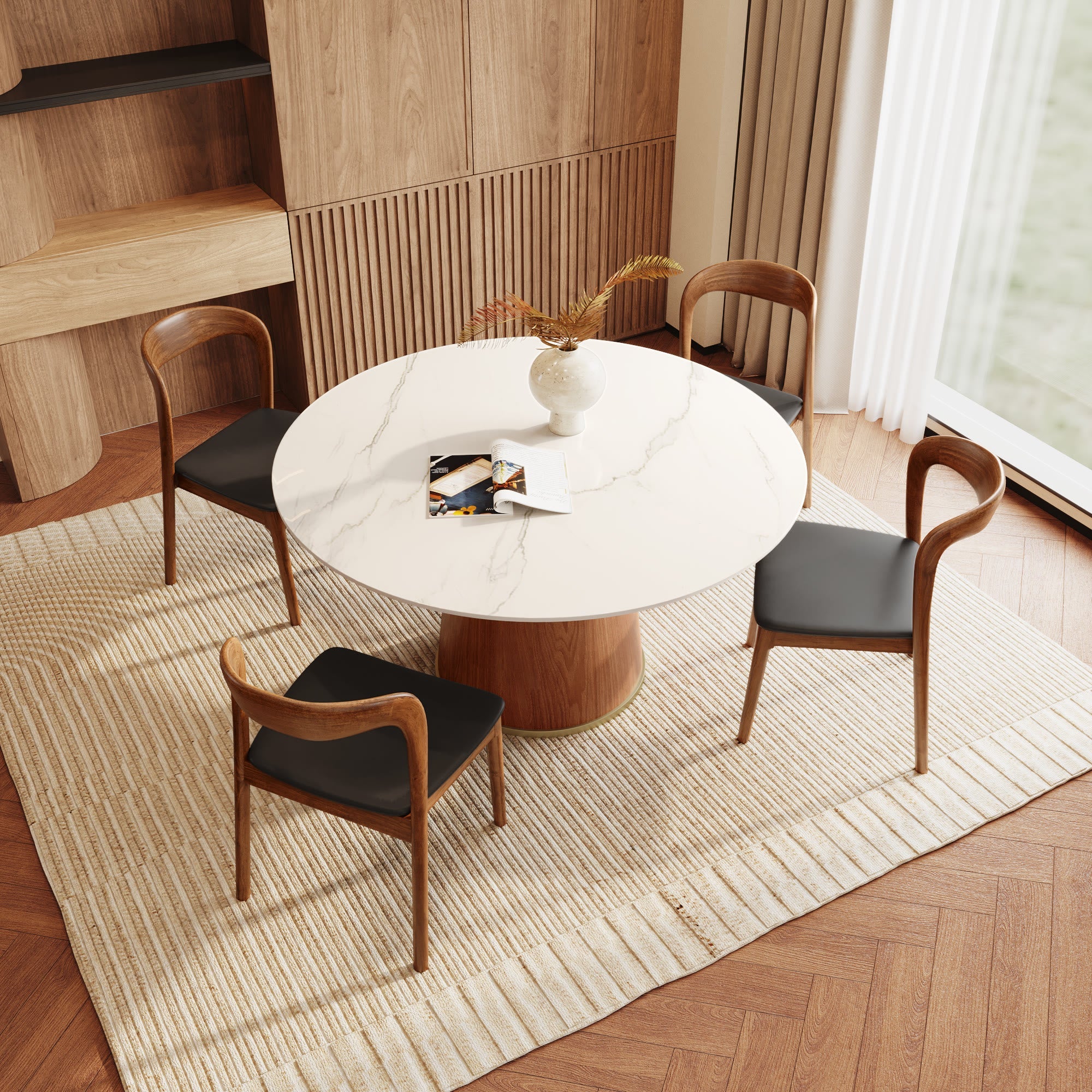 5-piece Cylindrical Base Round Dining Table With Modern Leather Dining Chairs