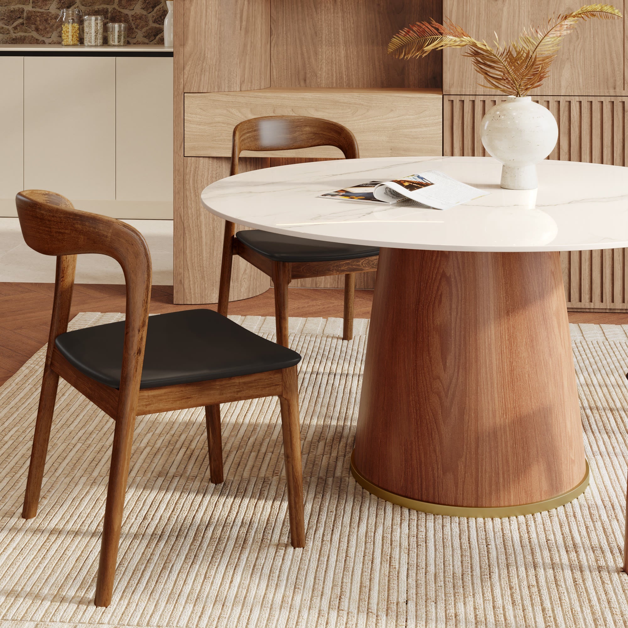 5-piece Cylindrical Base Round Dining Table With Modern Leather Dining Chairs
