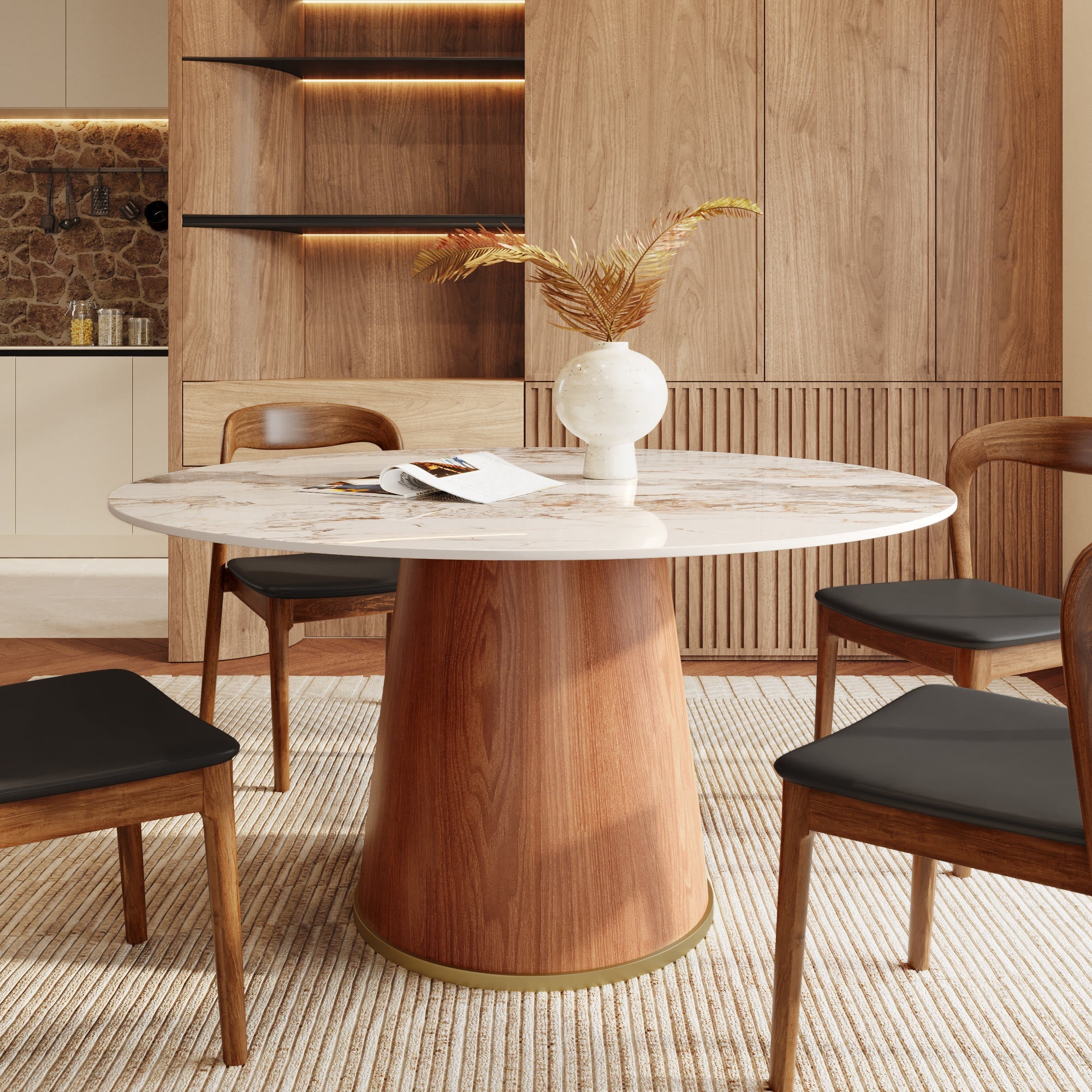 5-piece Cylindrical Base Round Dining Table With Modern Leather Dining Chairs