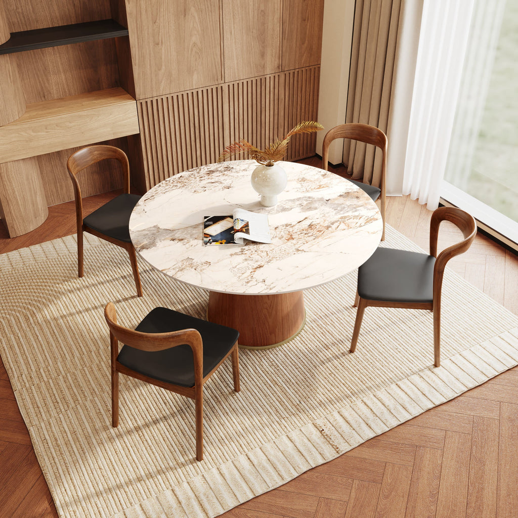 5-piece Cylindrical Base Round Dining Table With Modern Leather Dining Chairs