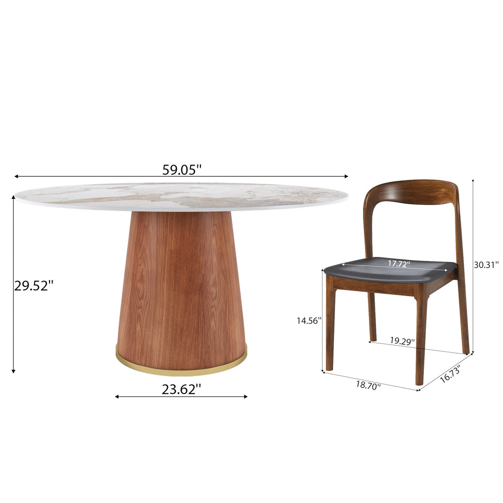 5-piece Cylindrical Base Round Dining Table With Modern Leather Dining Chairs