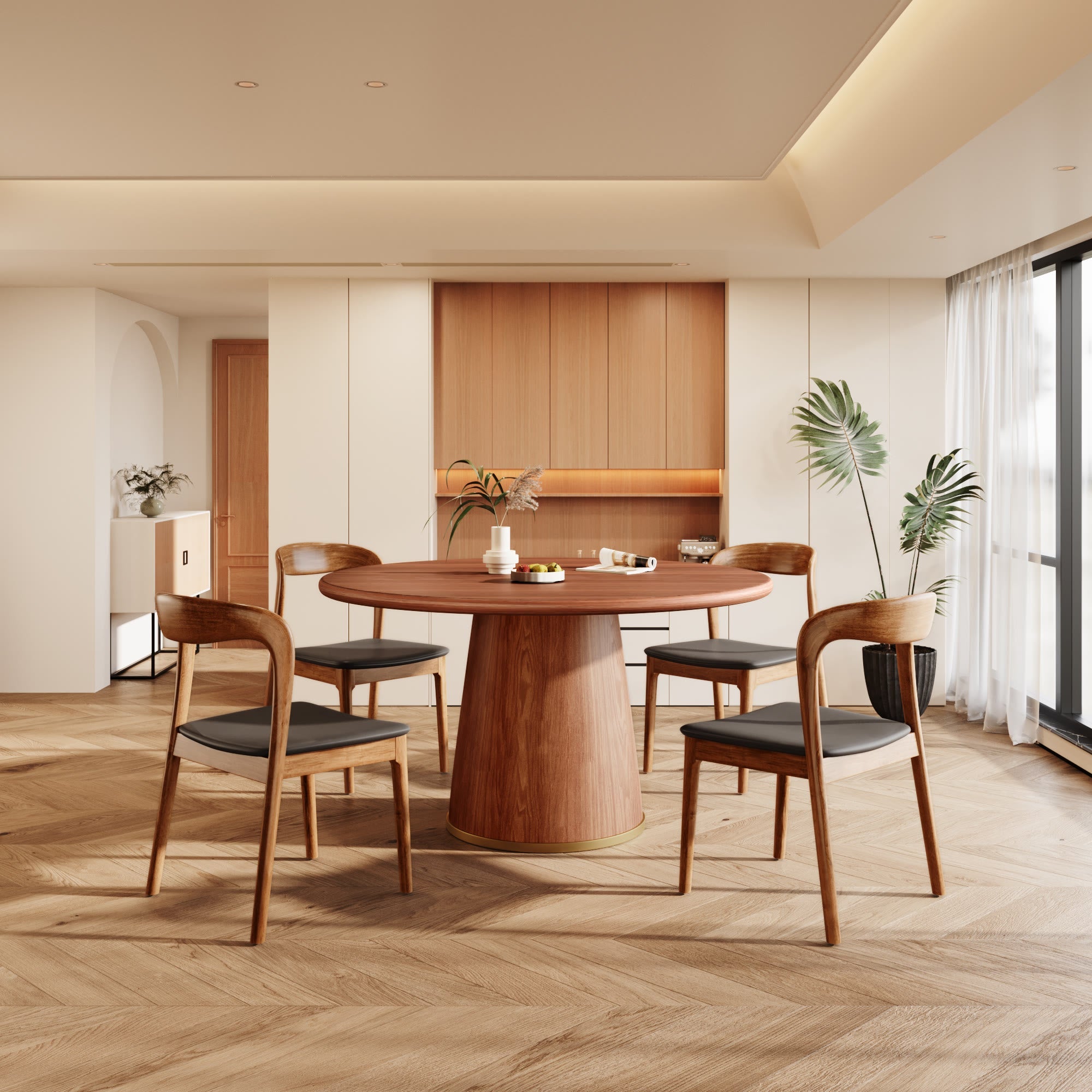 5-piece Rubber Wood Kitchen Round Dining Table With Bucket Base With Leather Seat Cushion Dining Chairs