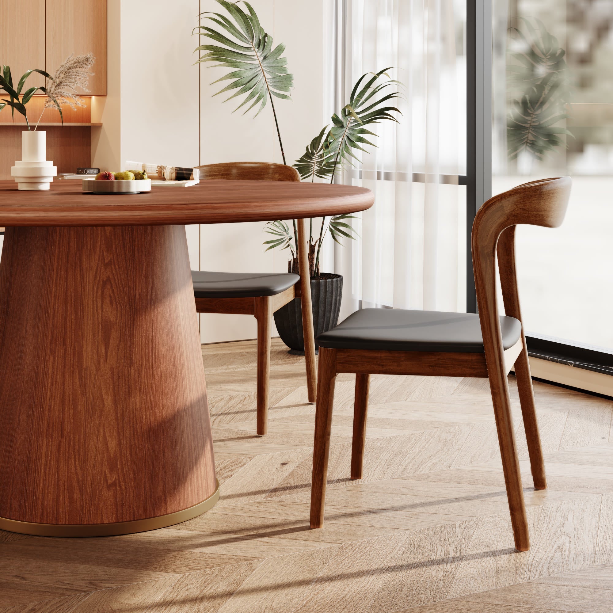 5-piece Rubber Wood Kitchen Round Dining Table With Bucket Base With Leather Seat Cushion Dining Chairs