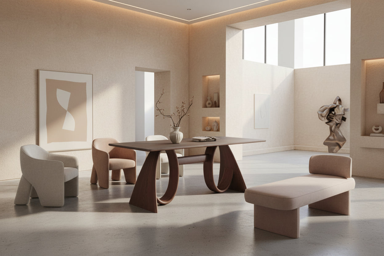 Mid-century Trapezoidal Solid Wood Base Dining Table