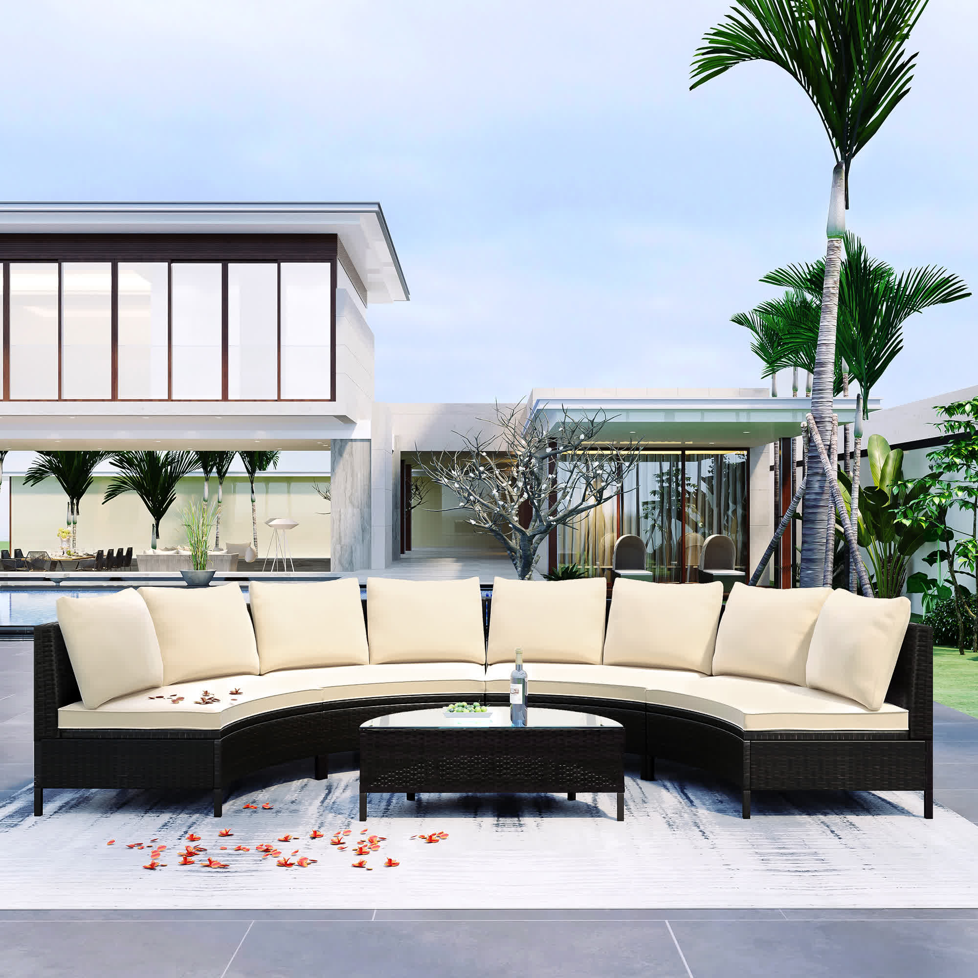 5Pcs Outdoor Patio Sectional Furniture Half-Moon Sofa Set