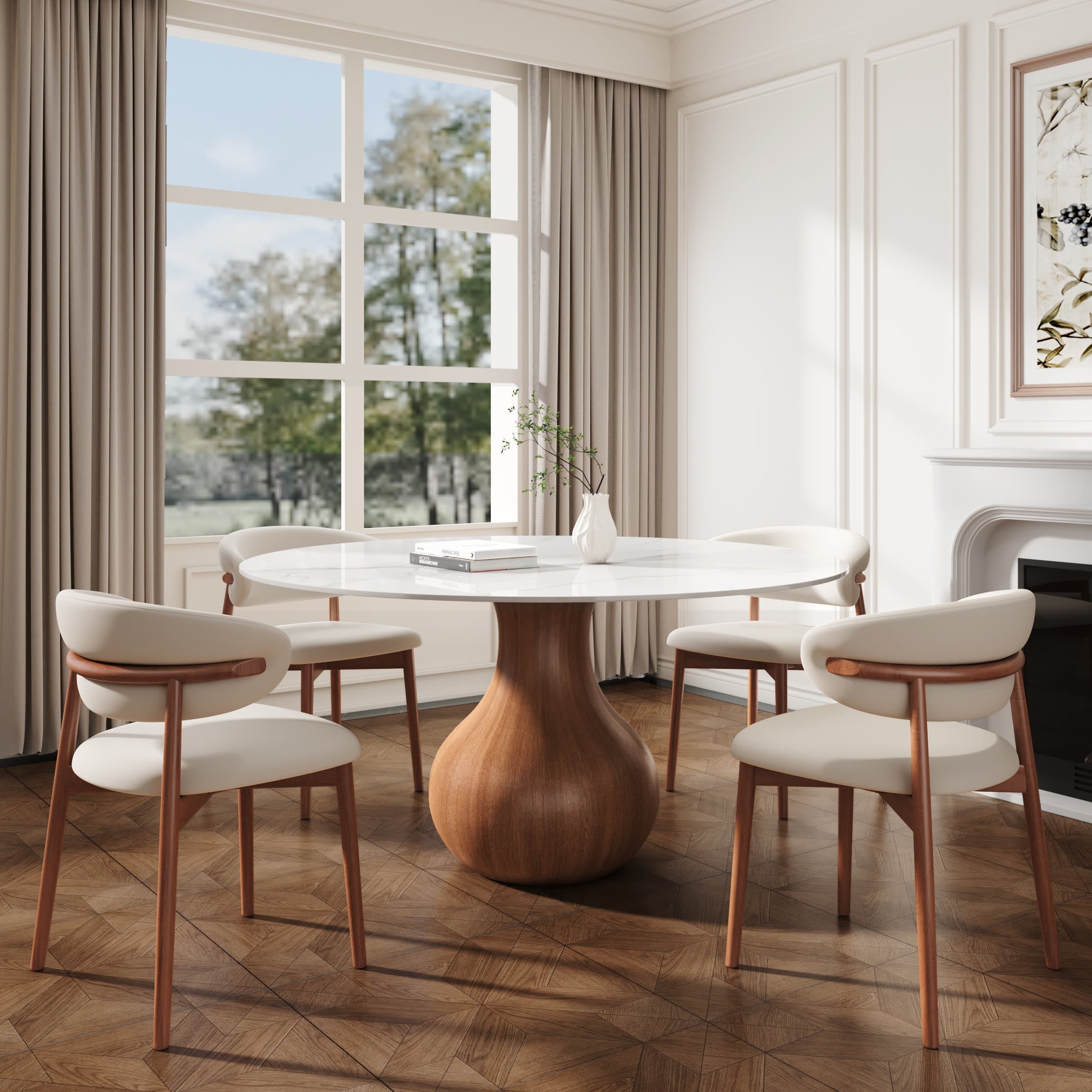 5-pieces Walnut-colored Aquarius Base Dining Table With Curved Backrest Dining Chairs