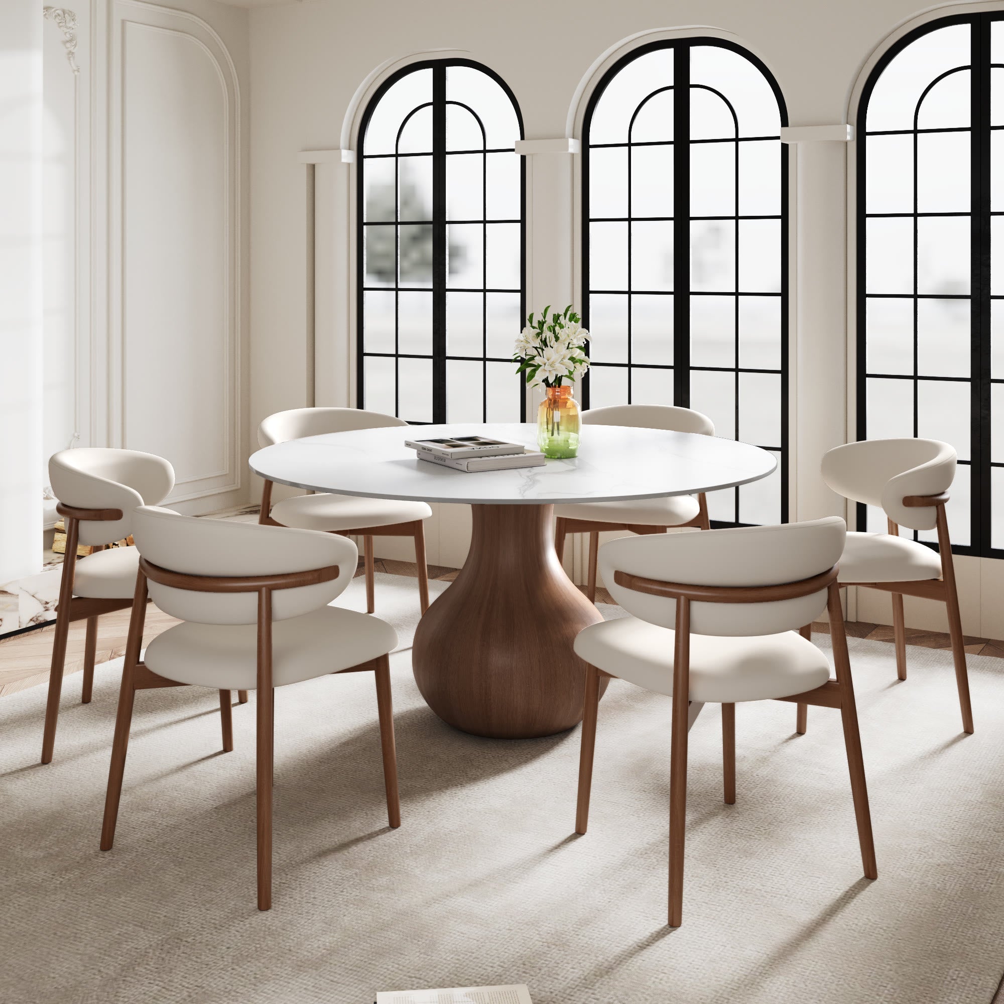 7-pieces Walnut-colored Aquarius Base Dining Table With Curved Backrest Dining Chairs