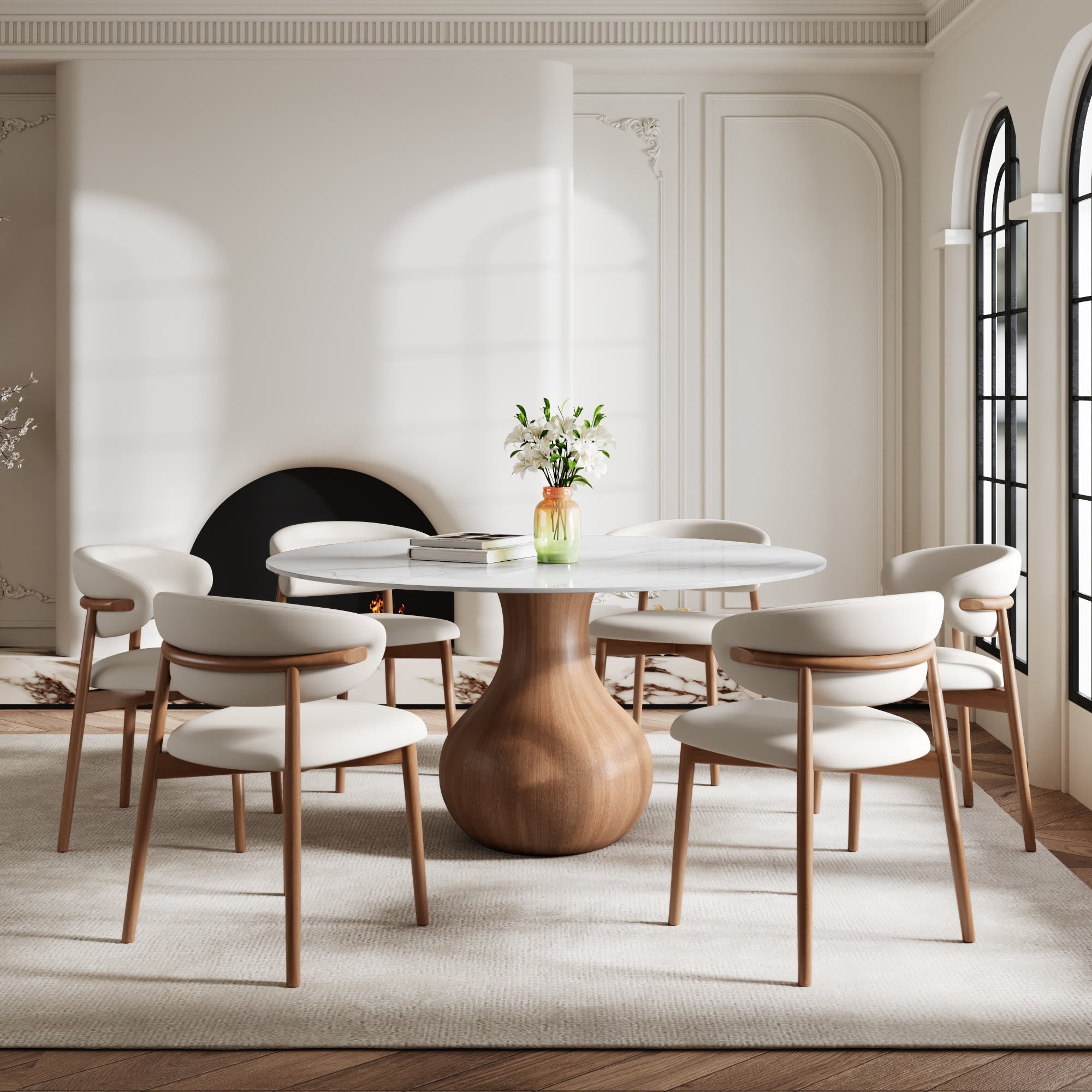 5-pieces Walnut-colored Aquarius Base Dining Table With Curved Backrest Dining Chairs