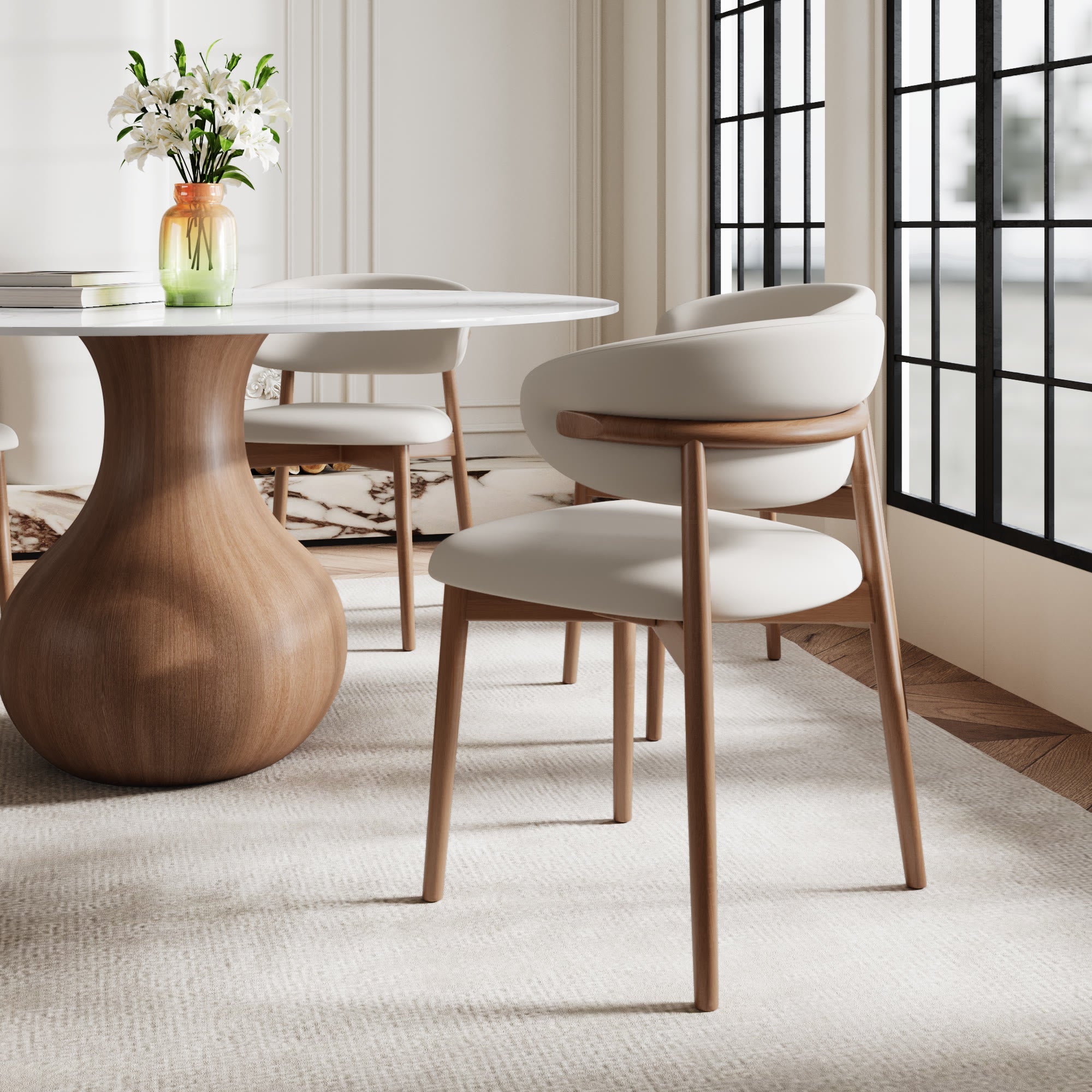 5-pieces Walnut-colored Aquarius Base Dining Table With Curved Backrest Dining Chairs