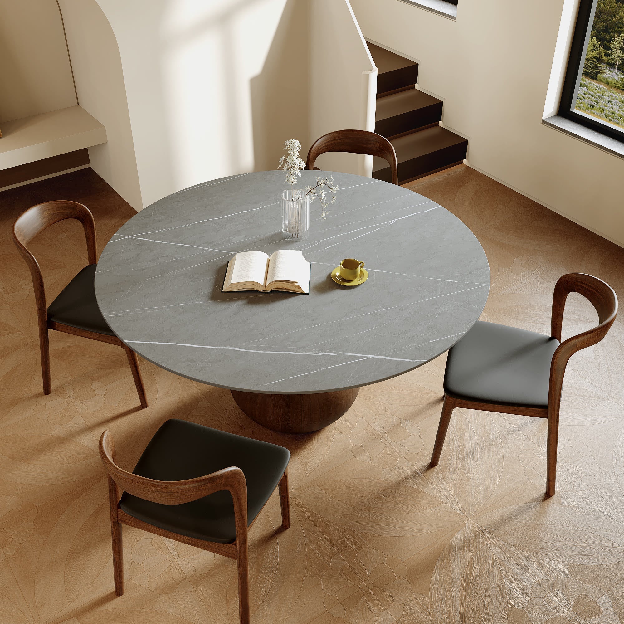 5-pieces Grey Vase-shaped Base Dining Table With Armless Wood Dining Chairs