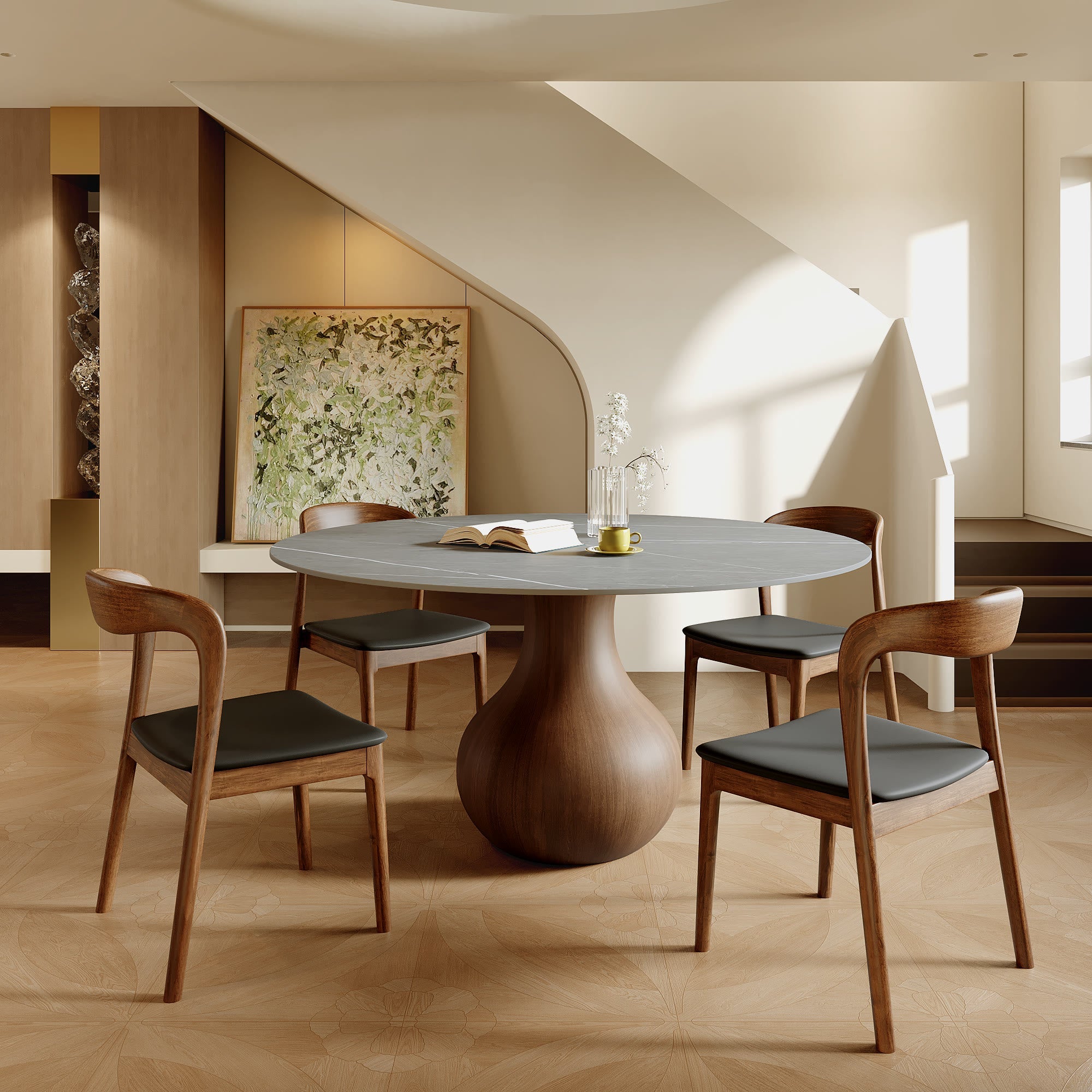 5-pieces Grey Vase-shaped Base Dining Table With Armless Wood Dining Chairs