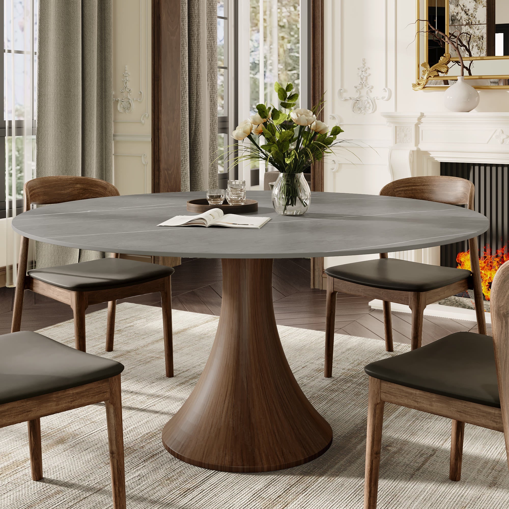 7-pieces Dark Walnut Slim Pedestal Base Dining Table With Black Armlesss Dining Chairs