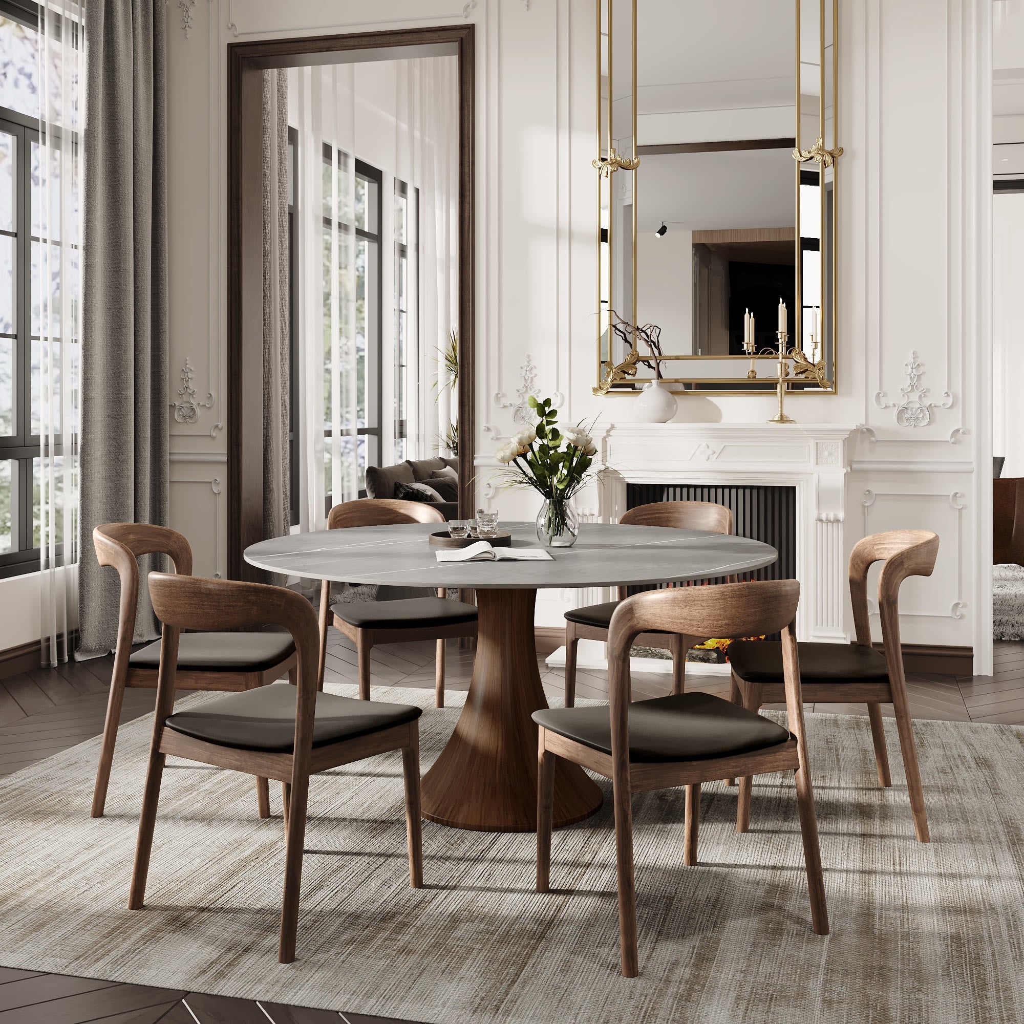 7-pieces Dark Walnut Slim Pedestal Base Dining Table With Black Armlesss Dining Chairs