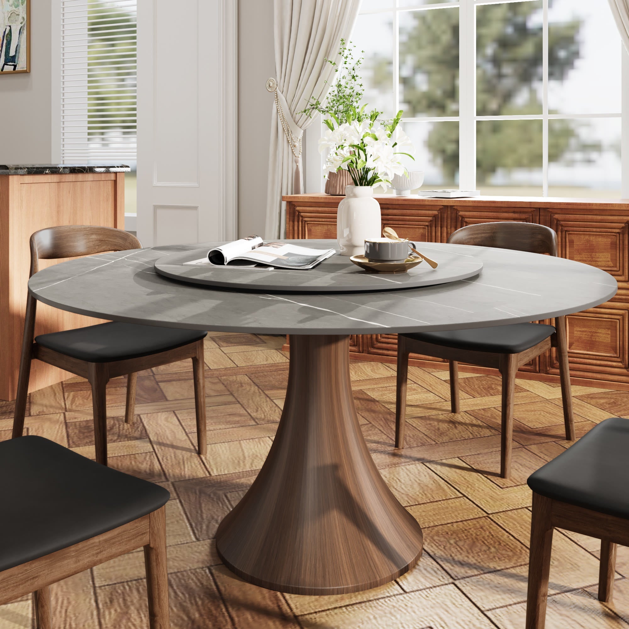 5 Pieces Slim Pedestal Base Wood Dining Table With Black Cushion Dining Chairs