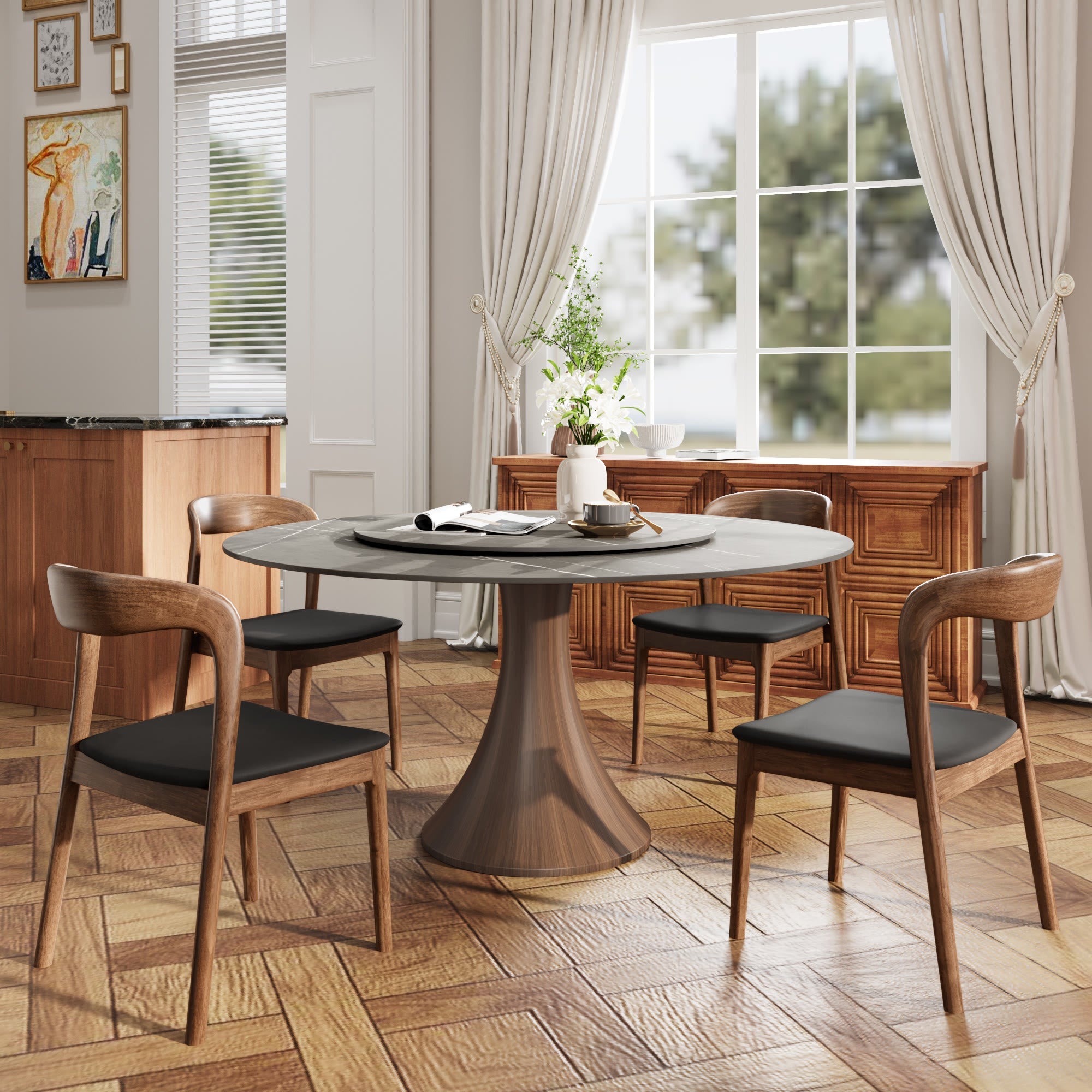 7 Pieces Slim Pedestal Base Dining Table With Black Leather Cushioned Dining Chairs