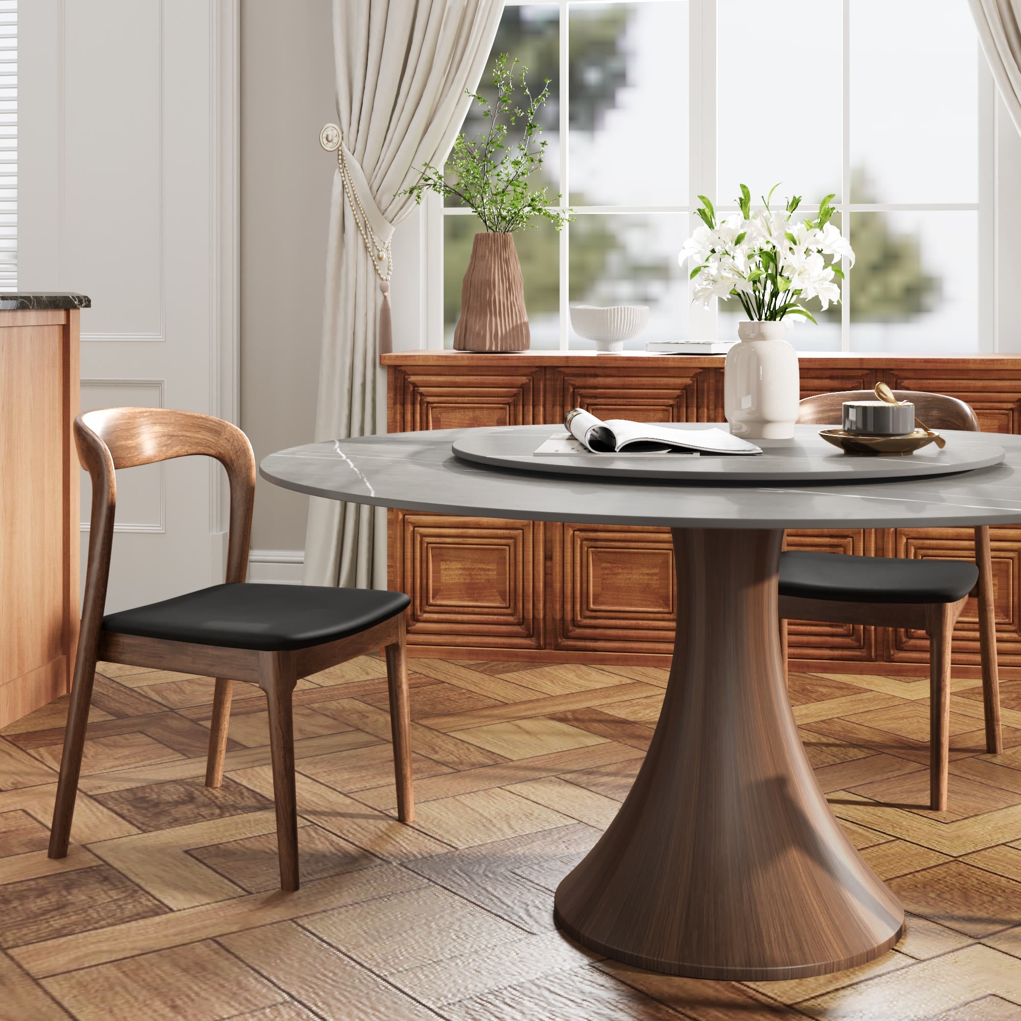 7 Pieces Slim Pedestal Base Dining Table With Black Leather Cushioned Dining Chairs