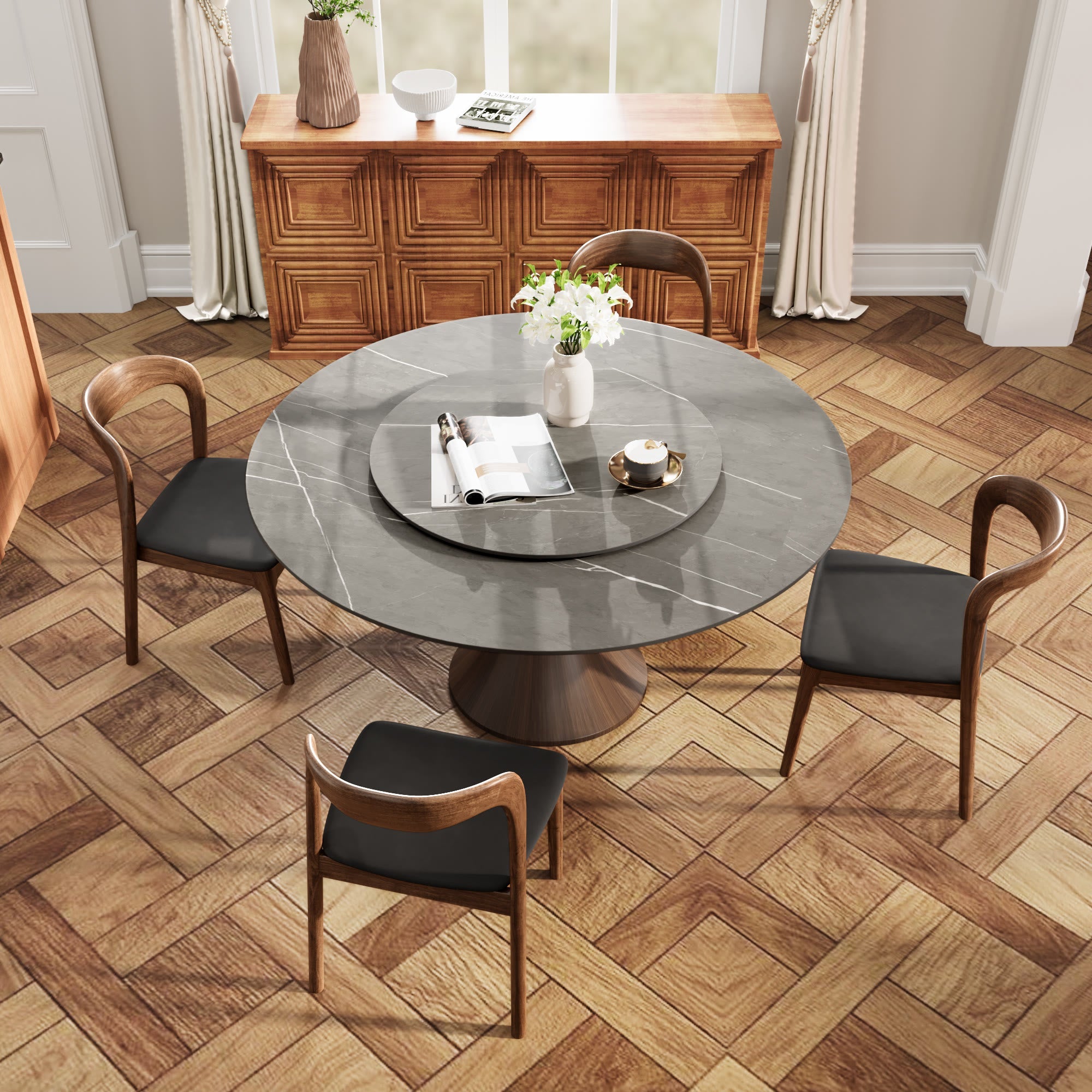 5 Pieces Slim Pedestal Base Wood Dining Table With Black Cushion Dining Chairs