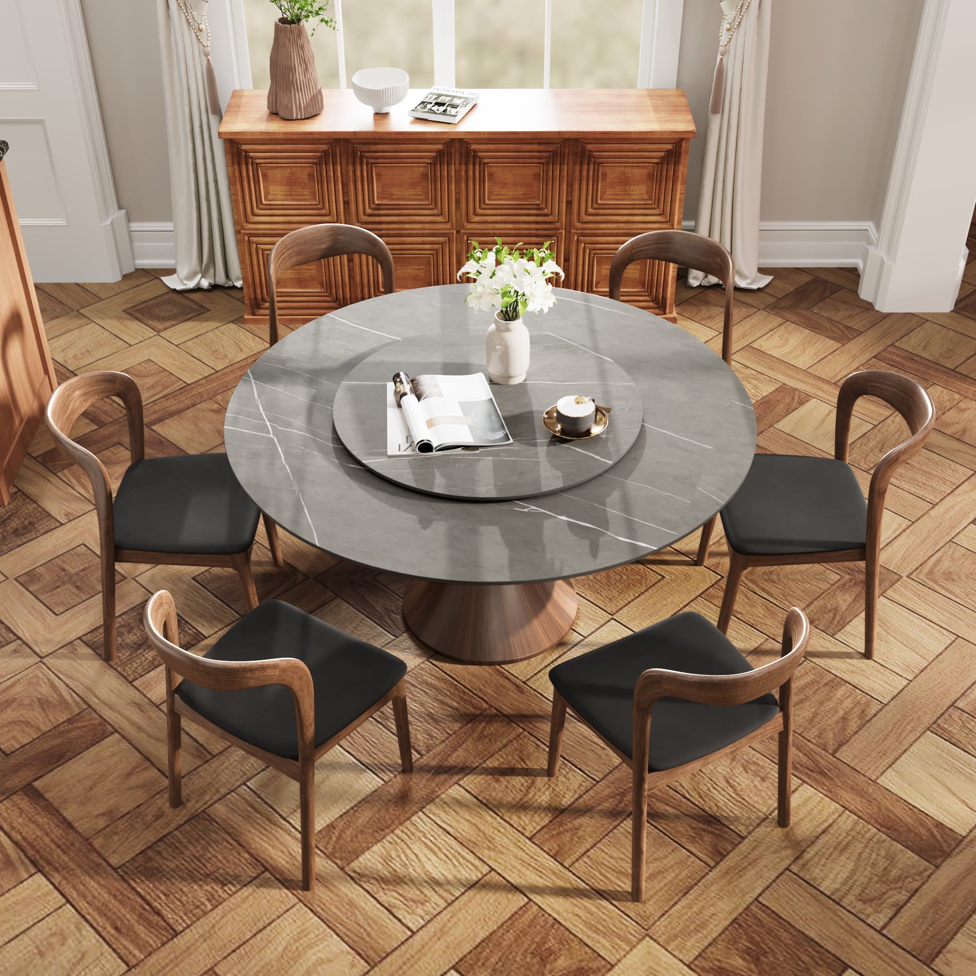 7 Pieces Slim Pedestal Base Dining Table With Black Leather Cushioned Dining Chairs