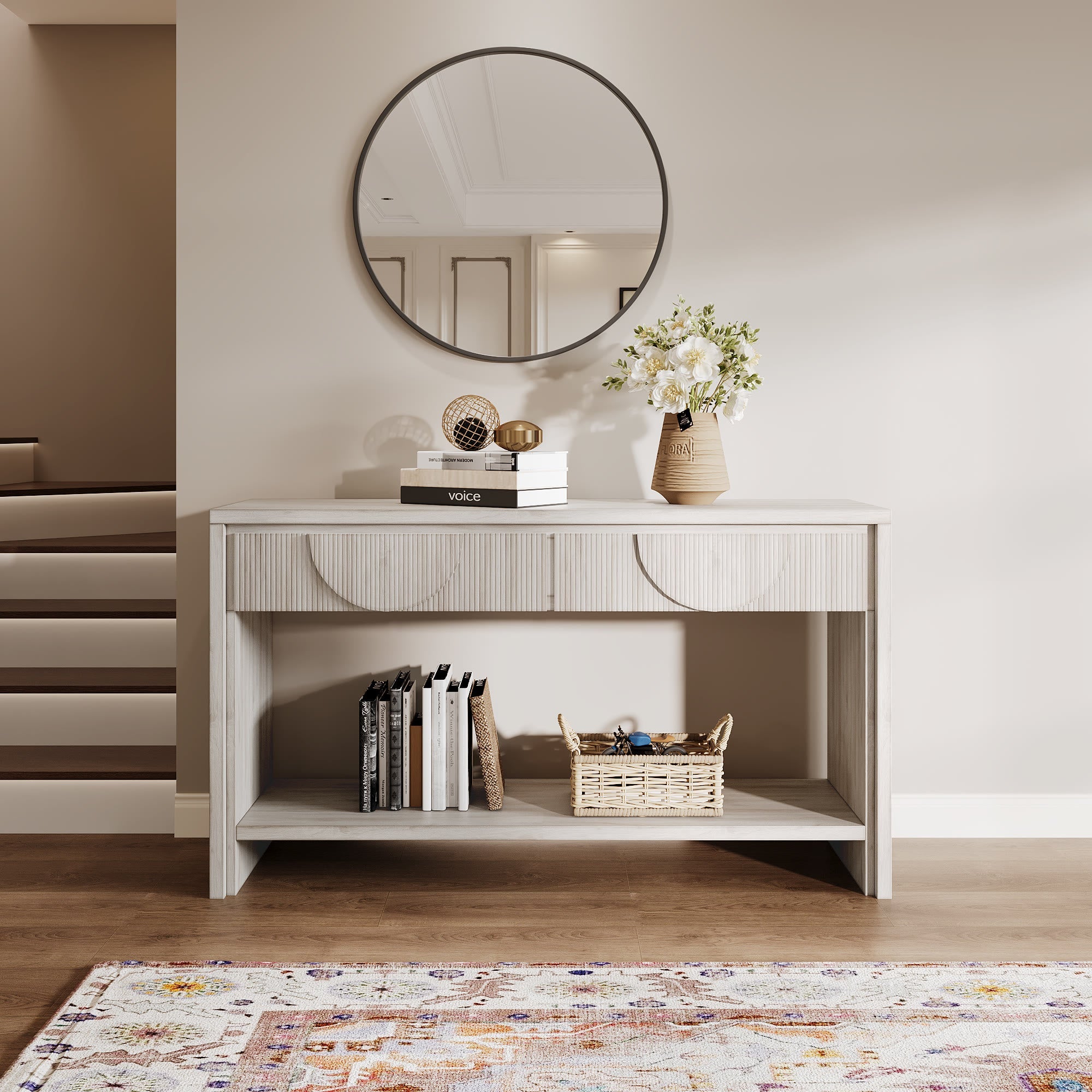 55.12  Wood Distressed Pattern Console Table Sofa Table With 2 Drawers