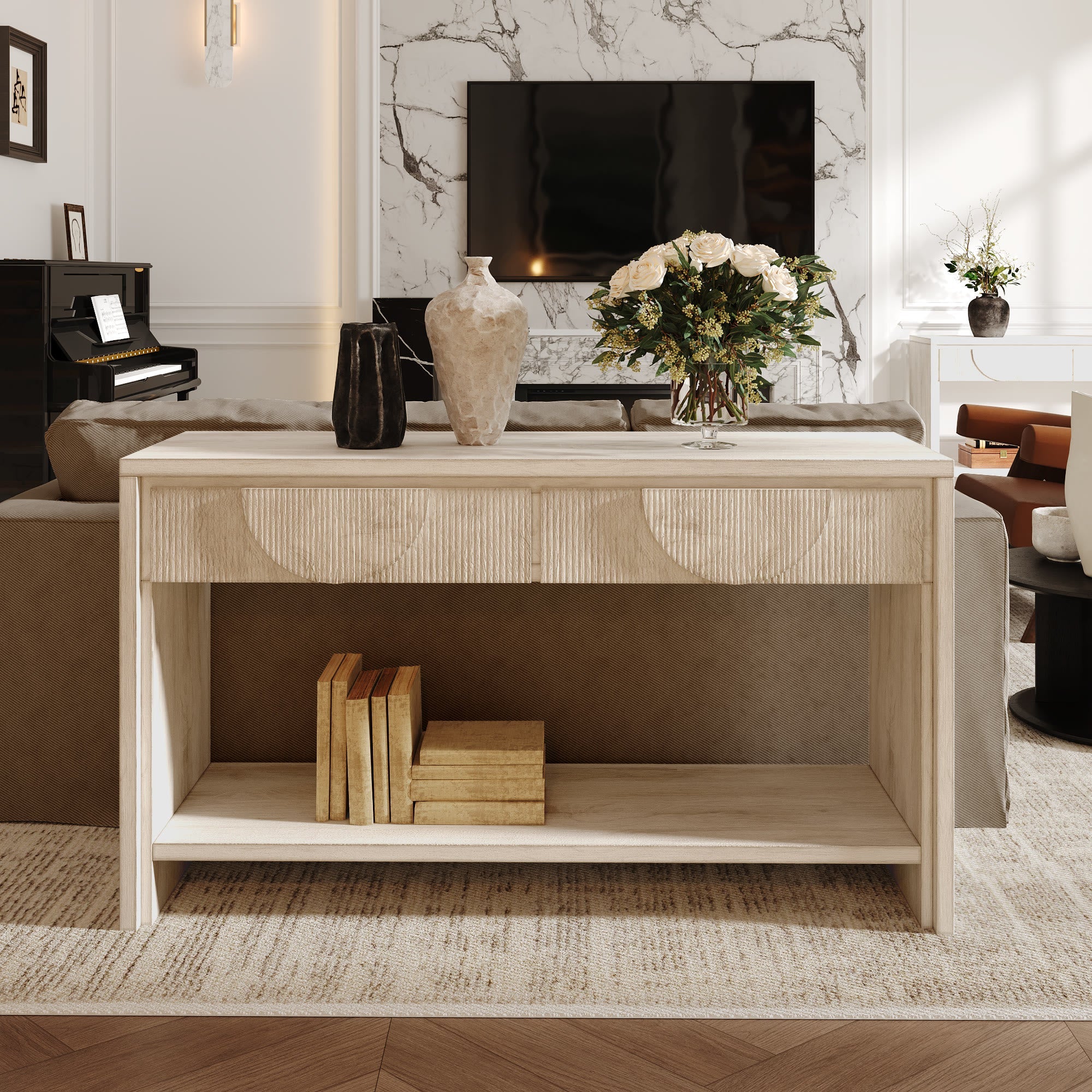 55.12  Wood Distressed Pattern Console Table Sofa Table With 2 Drawers