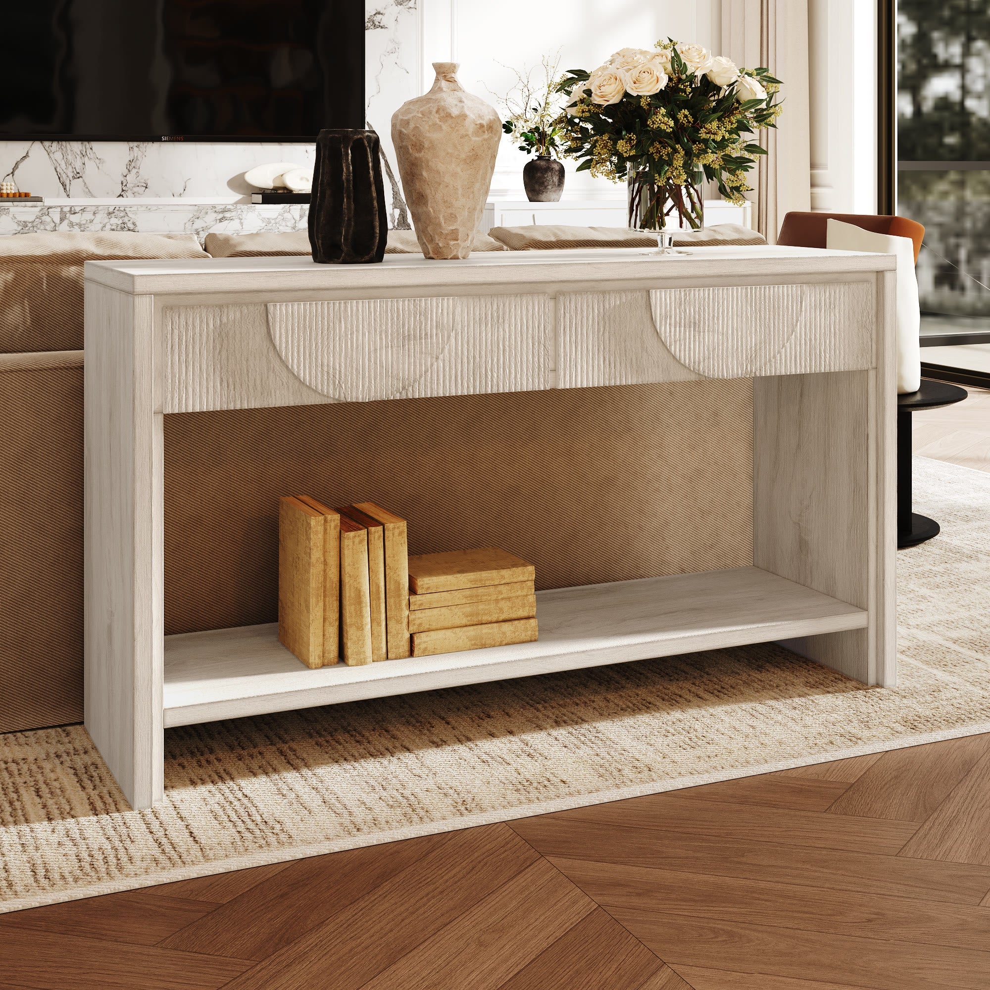 55.12  Wood Distressed Pattern Console Table Sofa Table With 2 Drawers