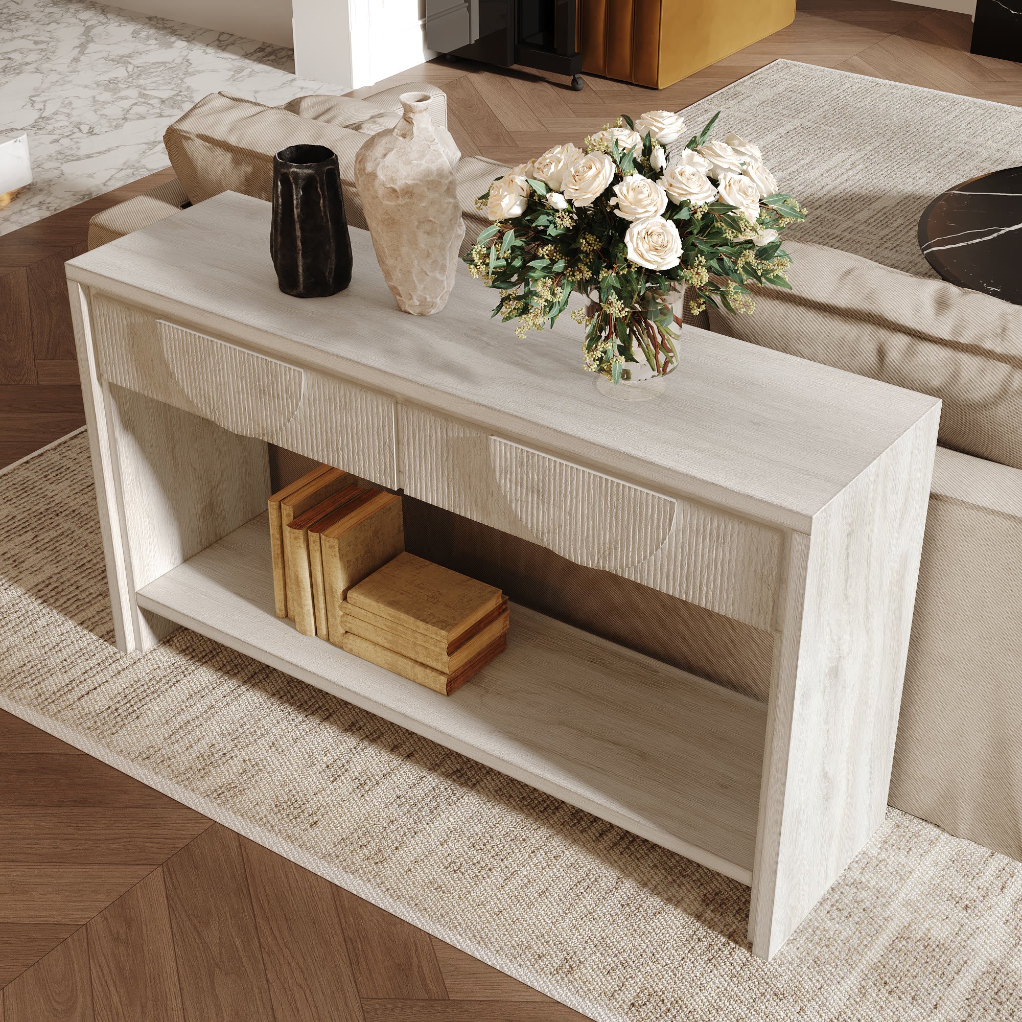 55.12  Wood Distressed Pattern Console Table Sofa Table With 2 Drawers