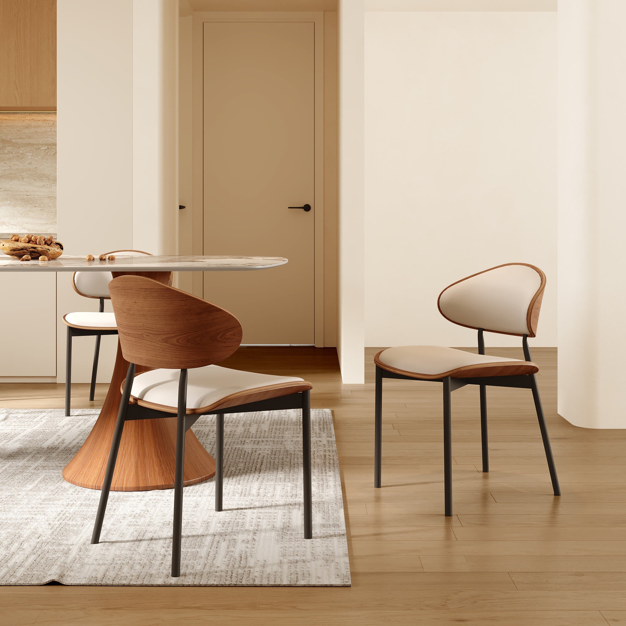 2x/4x/6x Simple Curved Solid Wood Leather Dining Chairs