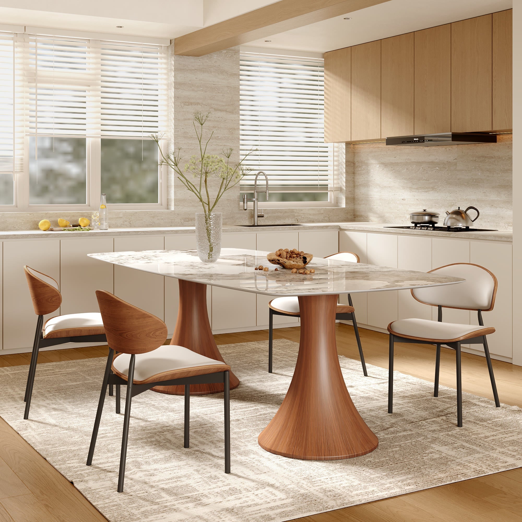 2x/4x/6x Simple Curved Solid Wood Leather Dining Chairs