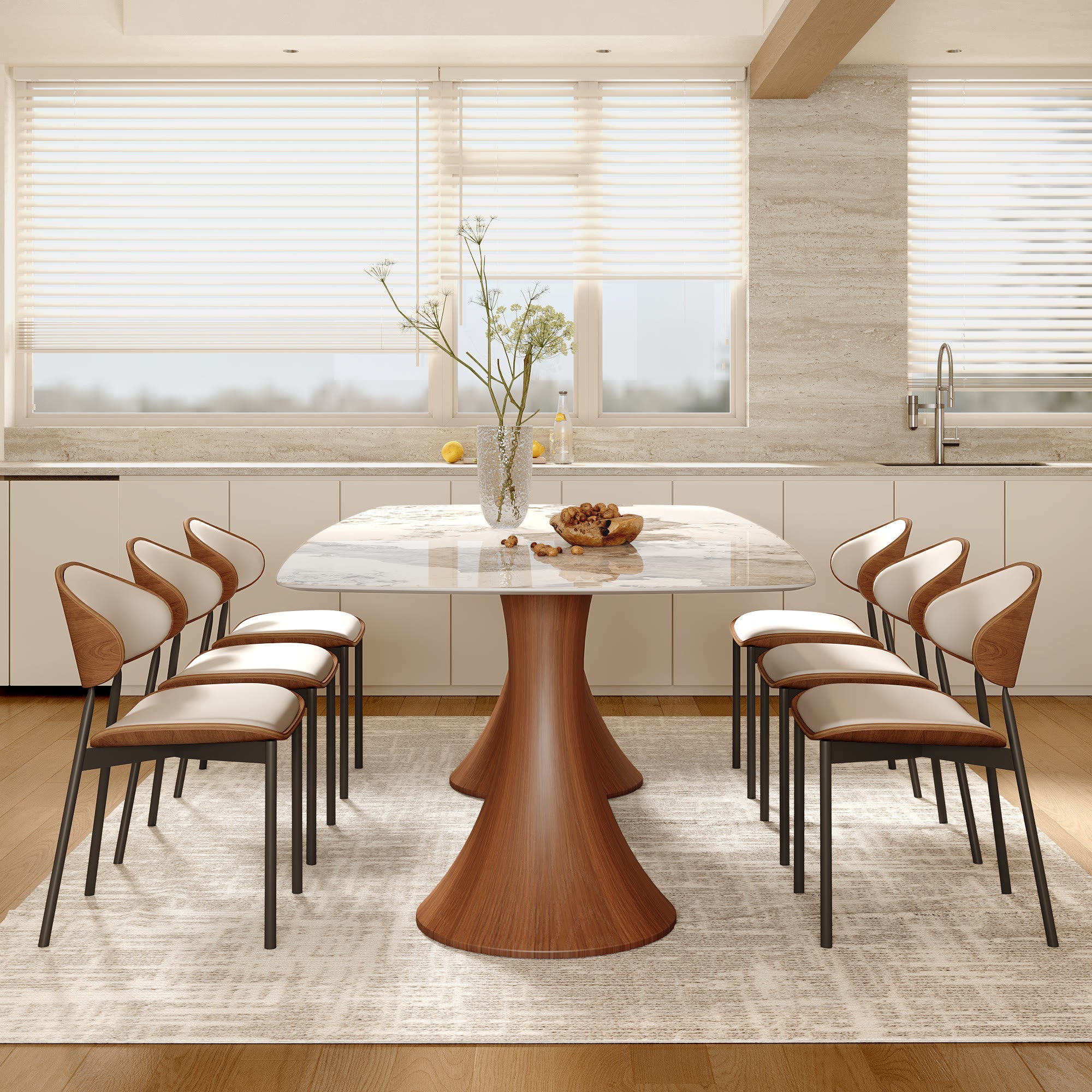 2x/4x/6x Simple Curved Solid Wood Leather Dining Chairs