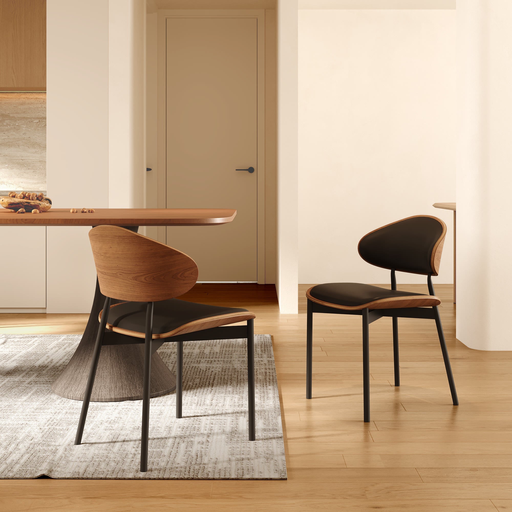 2x/4x/6x Simple Curved Solid Wood Leather Dining Chairs